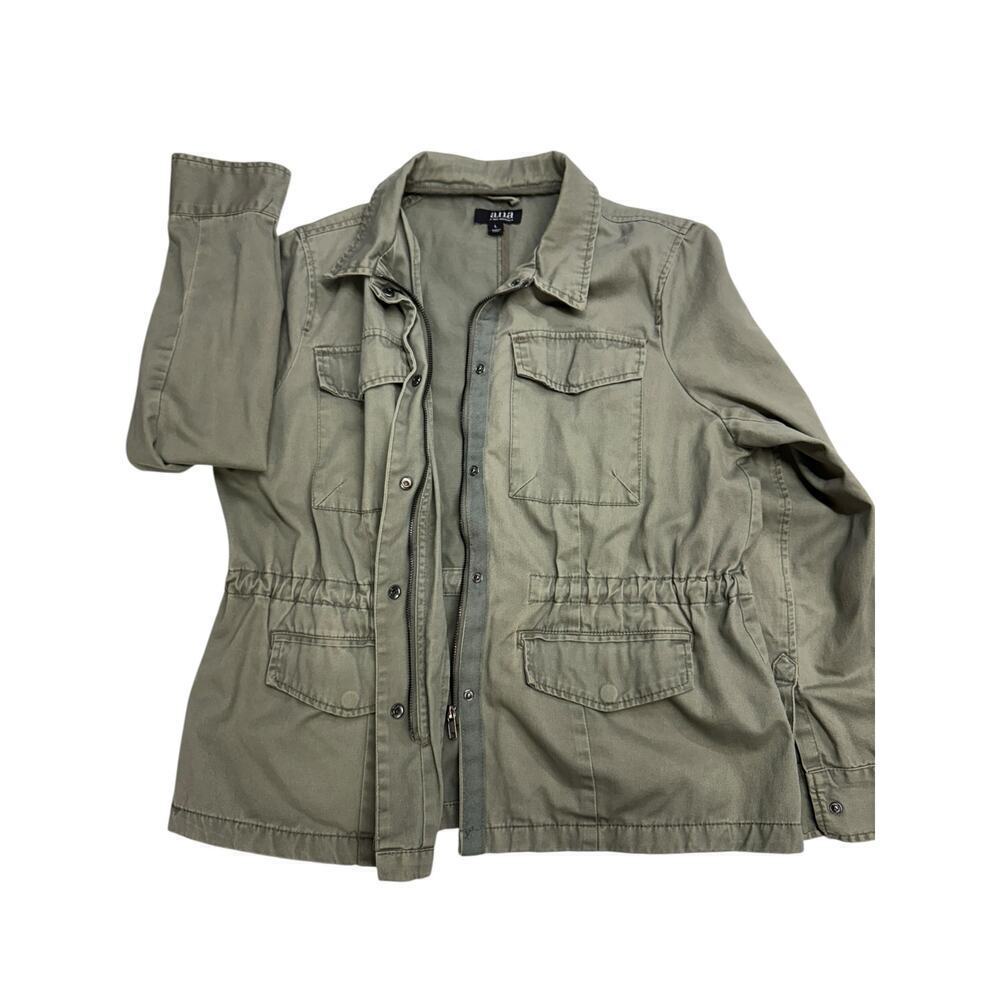 a.n.a. Olive Green Utility Jacket Drawstring Waist Snap Zip Closure Size L - Picture 7 of 11